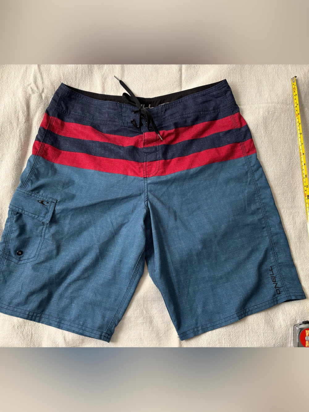 O'Neill Blue Swimwear Board Shorts with Red & Navy Stripes - size 34